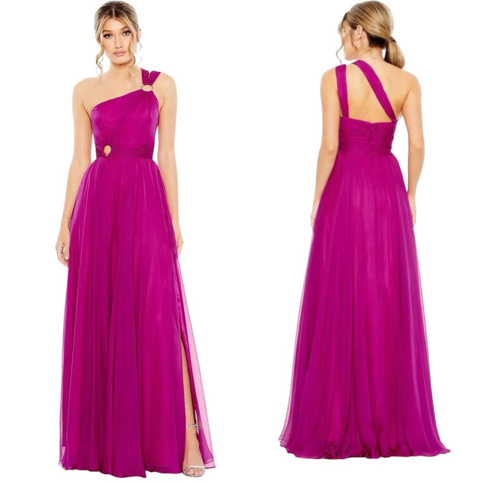 Mac Duggal Strappy one shoulder A line gown in Magenta
